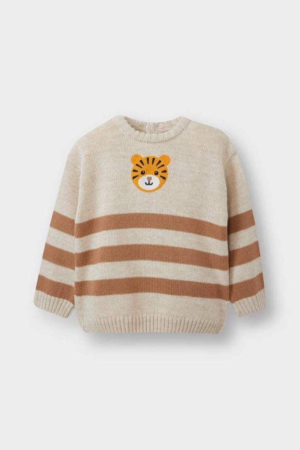 Boys' Striped Tiger Print Crew Neck Sweater