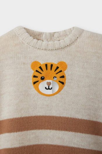 Boys' Striped Tiger Print Crew Neck Sweater