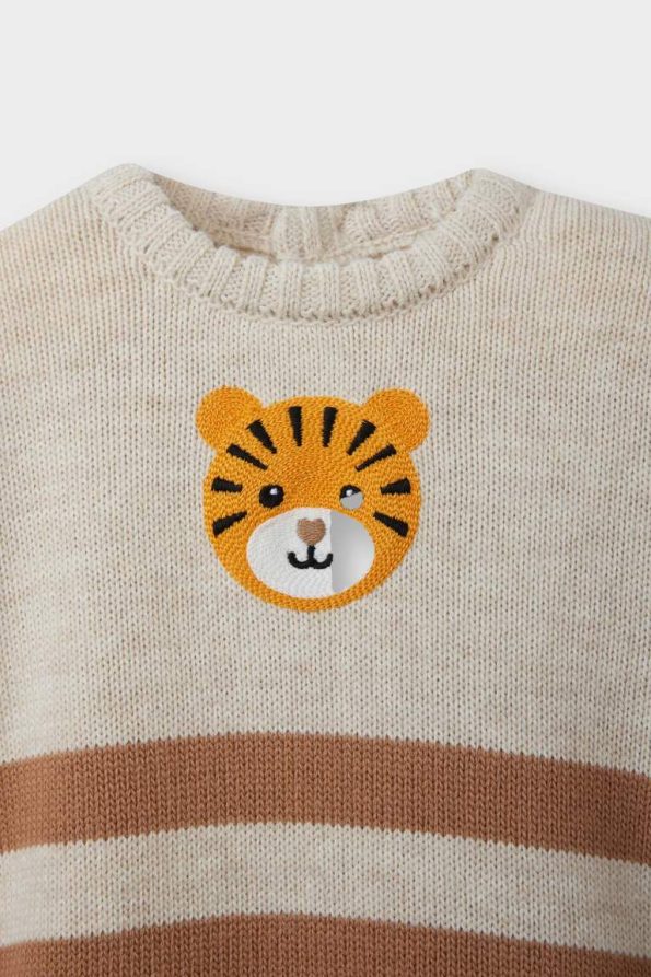 Boys' Striped Tiger Print Crew Neck Sweater