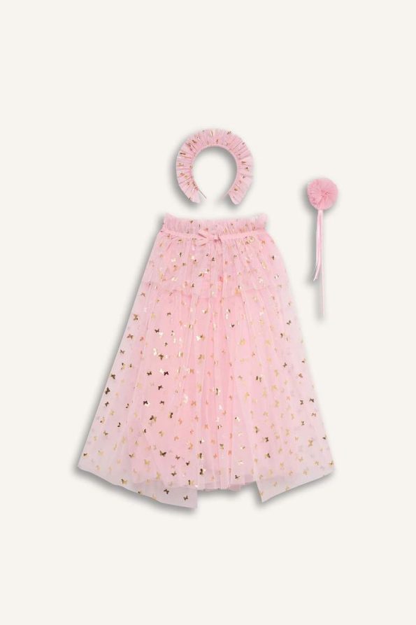 Le Mabelle x DeFacto Baby Girl 3-Piece Set with Patterned Tulle Cape Crown and Wand