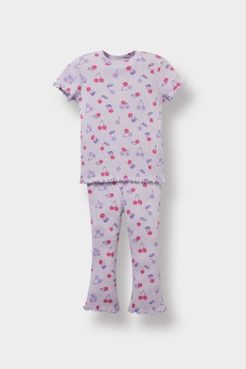 Girls' Baby 2-Piece Set Patterned Ribbed Short Sleeve T-Shirt and Leggings