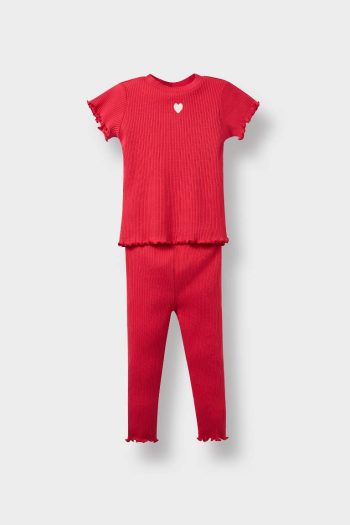 Girls' Baby 2-Piece Heart Print Ribbed Short Sleeve Top and Leggings Set