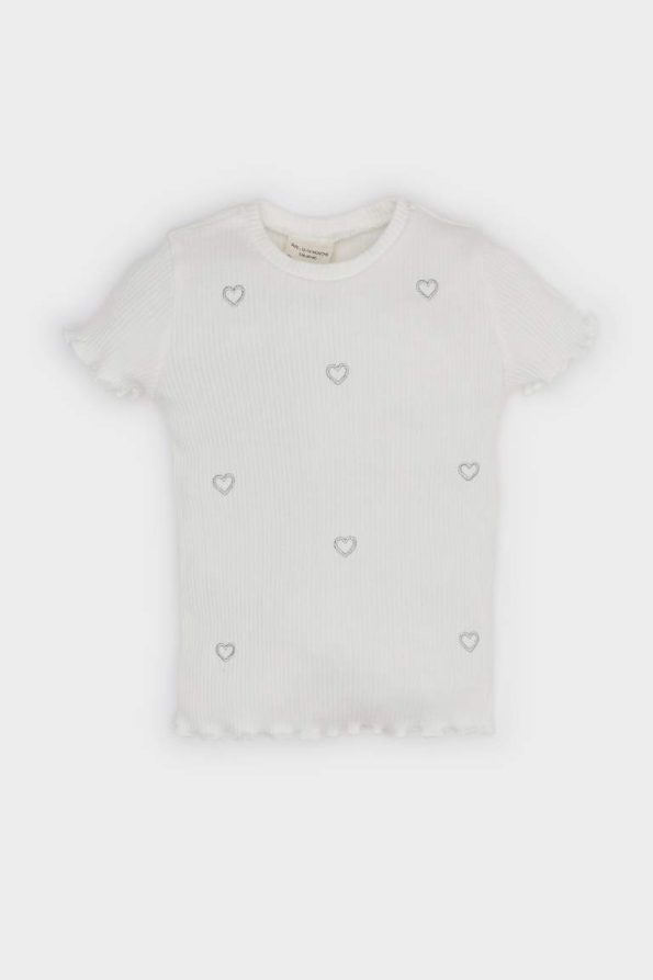 Girls' Short Sleeve Ribbed T-Shirt with Heart Print