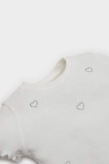Girls' Short Sleeve Ribbed T-Shirt with Heart Print