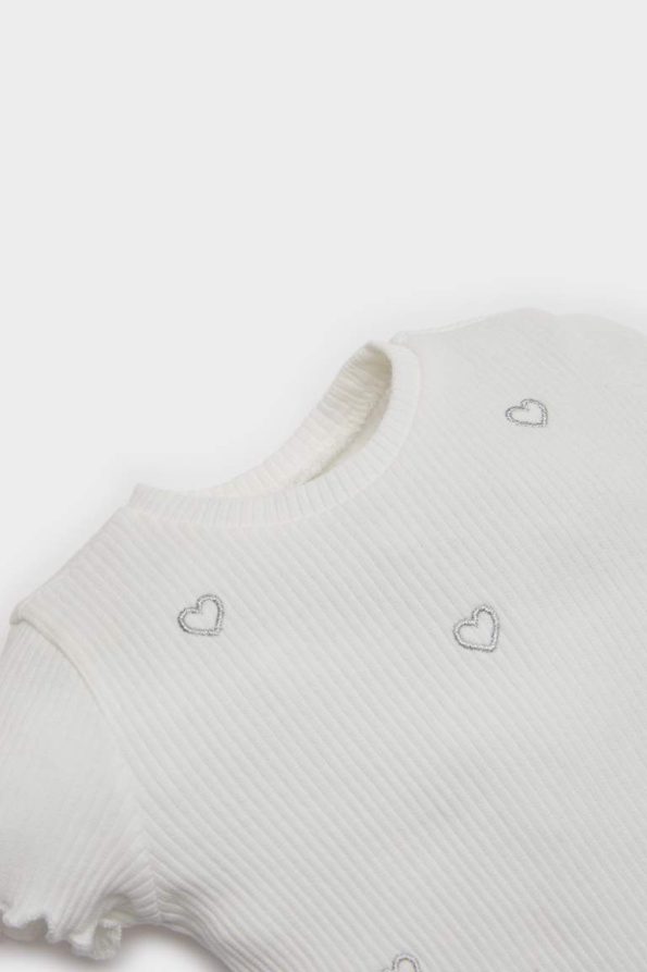 Girls' Short Sleeve Ribbed T-Shirt with Heart Print