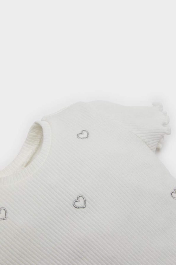 Girls' Short Sleeve Ribbed T-Shirt with Heart Print