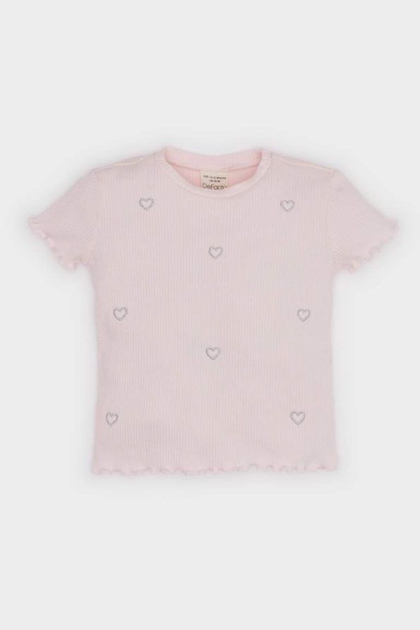 Girls' Short Sleeve Heart Pattern Ribbed T-Shirt