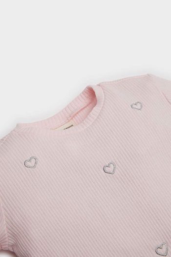 Girls' Short Sleeve Heart Pattern Ribbed T-Shirt