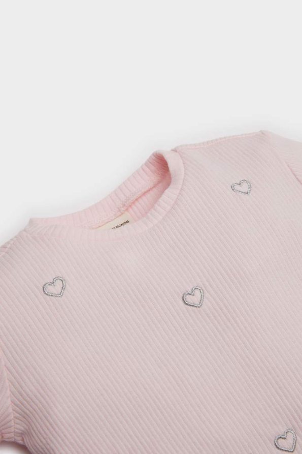 Girls' Short Sleeve Heart Pattern Ribbed T-Shirt