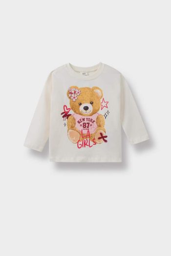 Girls' Long Sleeve Bear Print Crew Neck T-Shirt