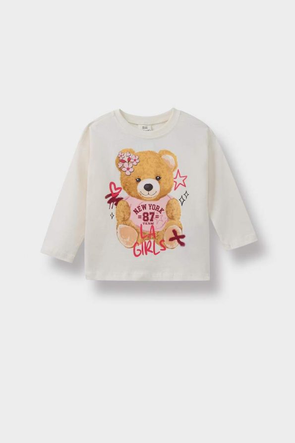 Girls' Long Sleeve Bear Print Crew Neck T-Shirt