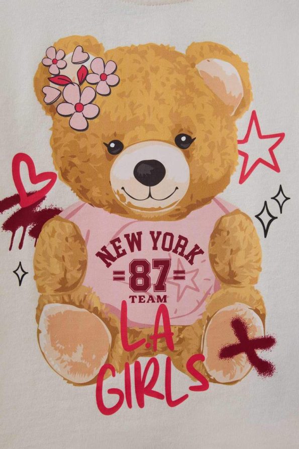 Girls' Long Sleeve Bear Print Crew Neck T-Shirt