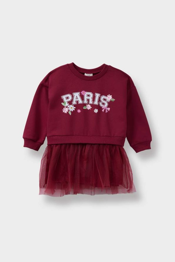 Girls' Printed Long Sleeve Tulle Dress