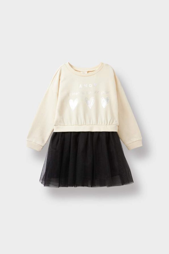 Girls' Printed Long Sleeve Tulle Dress