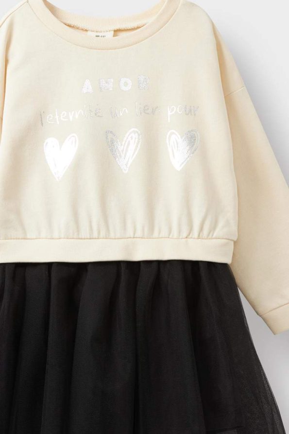 Girls' Printed Long Sleeve Tulle Dress
