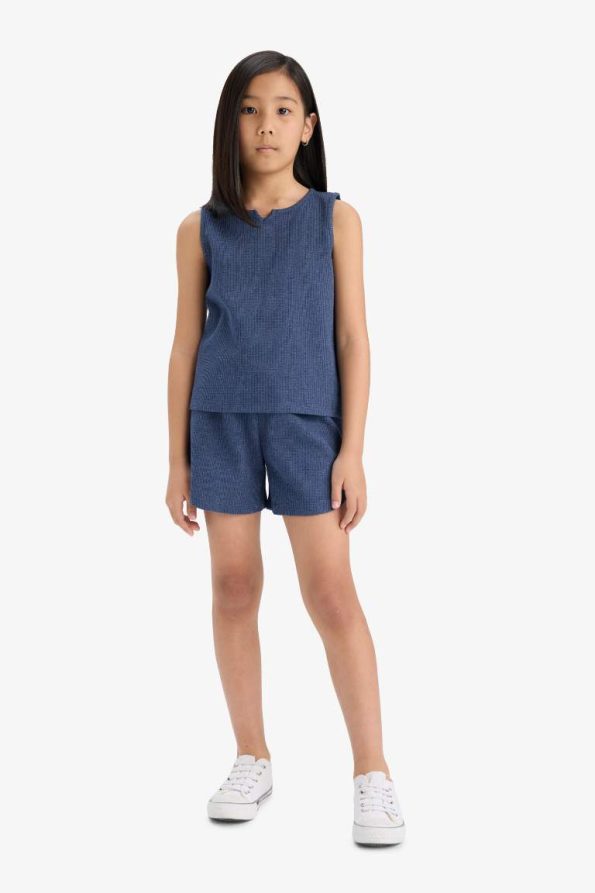 Girls' 2-Piece Waffle Set with Sleeveless Top and Elastic Waist Shorts