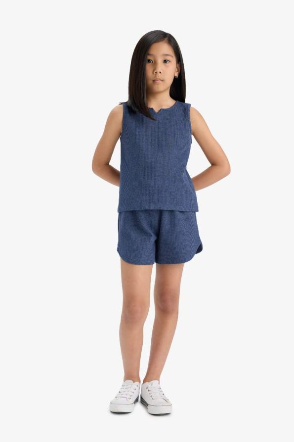 Girls' 2-Piece Waffle Set with Sleeveless Top and Elastic Waist Shorts