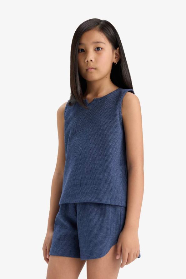 Girls' 2-Piece Waffle Set with Sleeveless Top and Elastic Waist Shorts