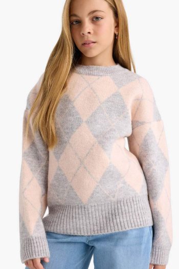 Girls' Oversized Wide Fit Crew Neck Check Pattern Knit Sweater