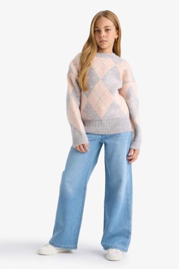 Girls' Oversized Wide Fit Crew Neck Check Pattern Knit Sweater