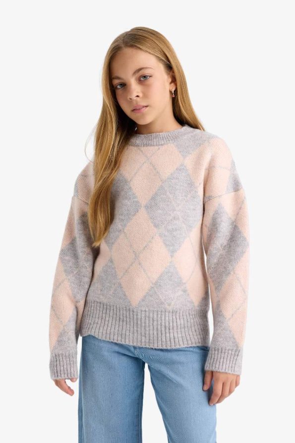 Girls' Oversized Wide Fit Crew Neck Check Pattern Knit Sweater