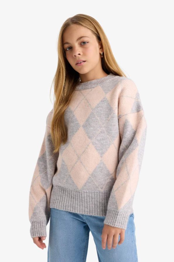 Girls' Oversized Wide Fit Crew Neck Check Pattern Knit Sweater