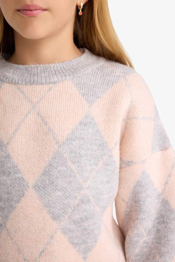 Girls' Oversized Wide Fit Crew Neck Check Pattern Knit Sweater