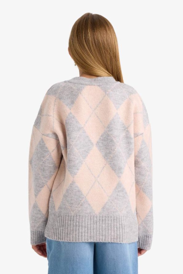 Girls' Oversized Wide Fit Crew Neck Check Pattern Knit Sweater