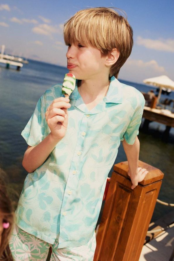 Boys' Oversized Patterned Viscose Short Sleeve Polo Shirt