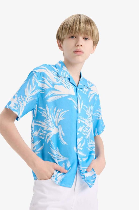 Boys' Oversized Wide Fit Patterned Polo Collar Short Sleeve Shirt