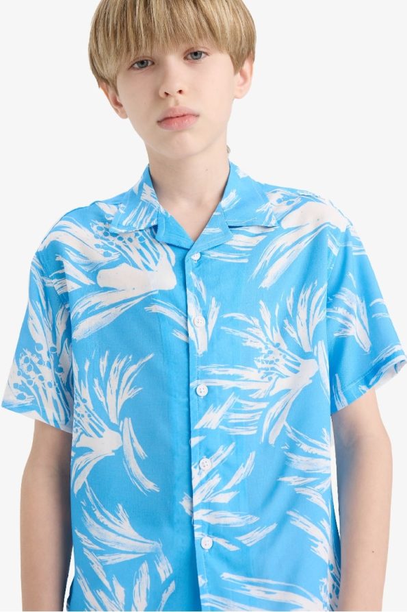 Boys' Oversized Wide Fit Patterned Polo Collar Short Sleeve Shirt