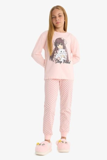 Girls' Printed Long Sleeve Pajama Set with Patterned Pants