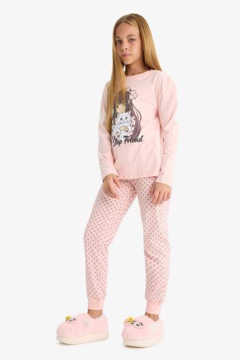 Girls' Printed Long Sleeve Pajama Set with Patterned Pants