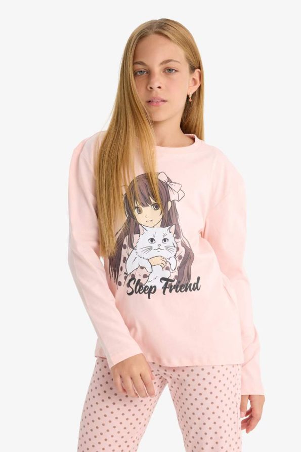 Girls' Printed Long Sleeve Pajama Set with Patterned Pants