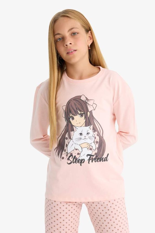 Girls' Printed Long Sleeve Pajama Set with Patterned Pants