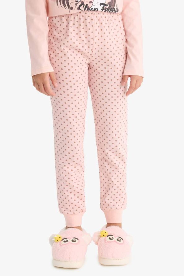Girls' Printed Long Sleeve Pajama Set with Patterned Pants