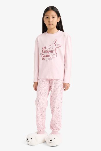 Girls' Printed Long Sleeve Pajama Set with Patterned Pants