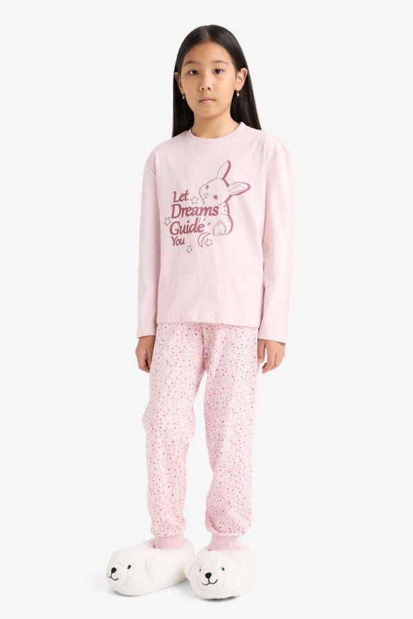 Girls' Printed Long Sleeve Pajama Set with Patterned Pants