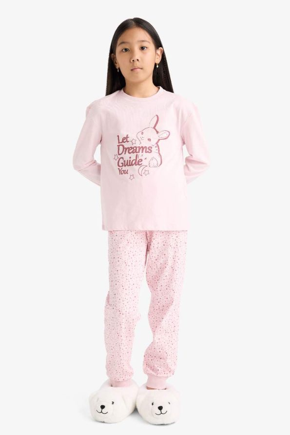 Girls' Printed Long Sleeve Pajama Set with Patterned Pants