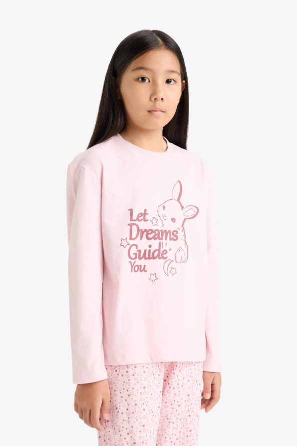 Girls' Printed Long Sleeve Pajama Set with Patterned Pants