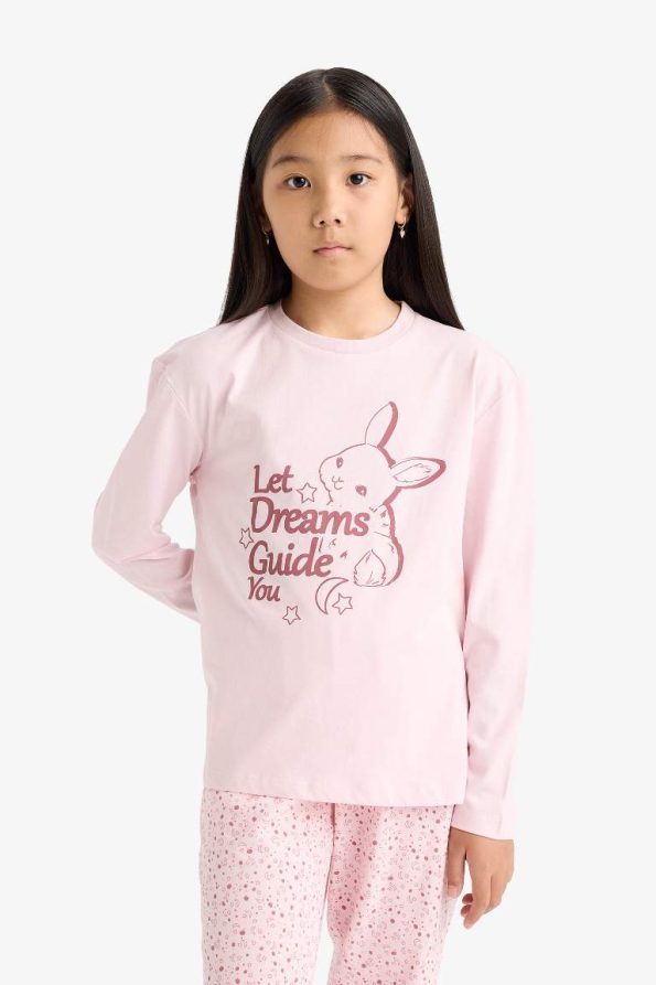 Girls' Printed Long Sleeve Pajama Set with Patterned Pants