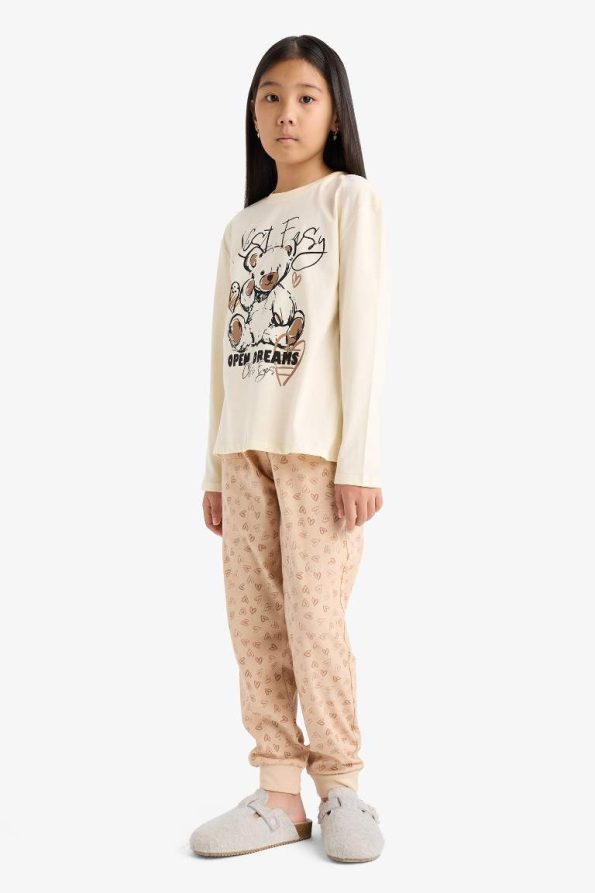 Girls' Printed Long Sleeve Pajama Set with Patterned Pants