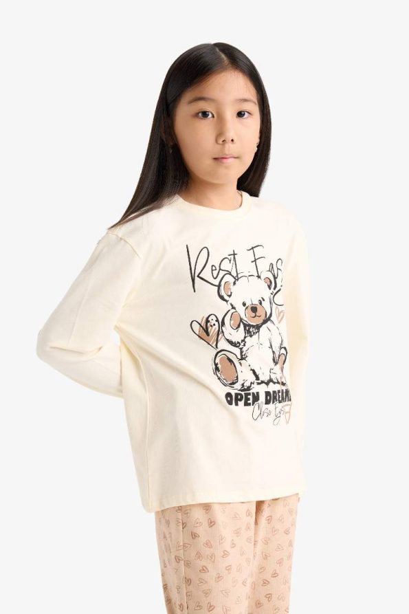 Girls' Printed Long Sleeve Pajama Set with Patterned Pants