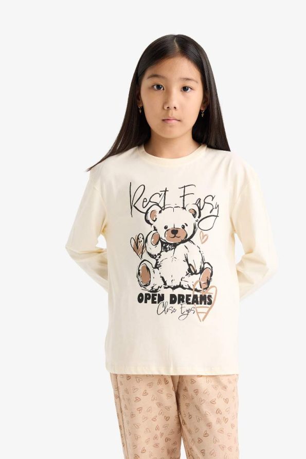 Girls' Printed Long Sleeve Pajama Set with Patterned Pants
