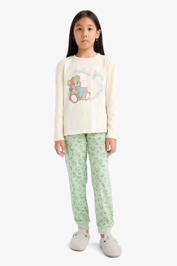 Girls' Printed Long Sleeve Pajama Set with Patterned Pants