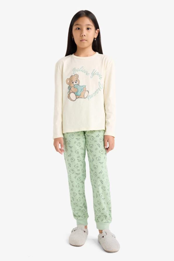 Girls' Printed Long Sleeve Pajama Set with Patterned Pants