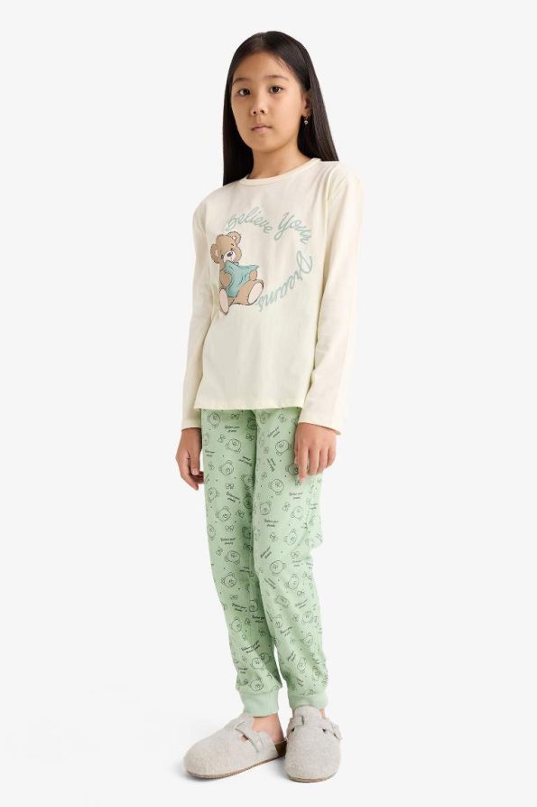 Girls' Printed Long Sleeve Pajama Set with Patterned Pants