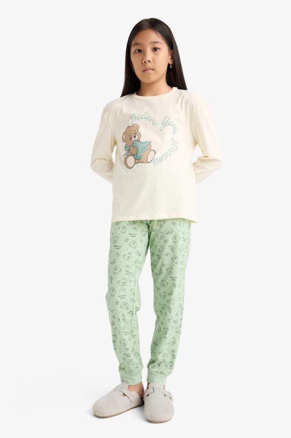 Girls' Printed Long Sleeve Pajama Set with Patterned Pants