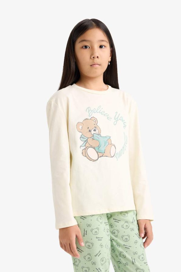 Girls' Printed Long Sleeve Pajama Set with Patterned Pants