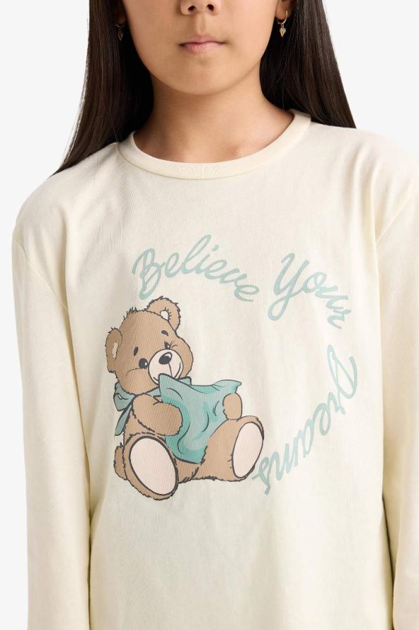 Girls' Printed Long Sleeve Pajama Set with Patterned Pants